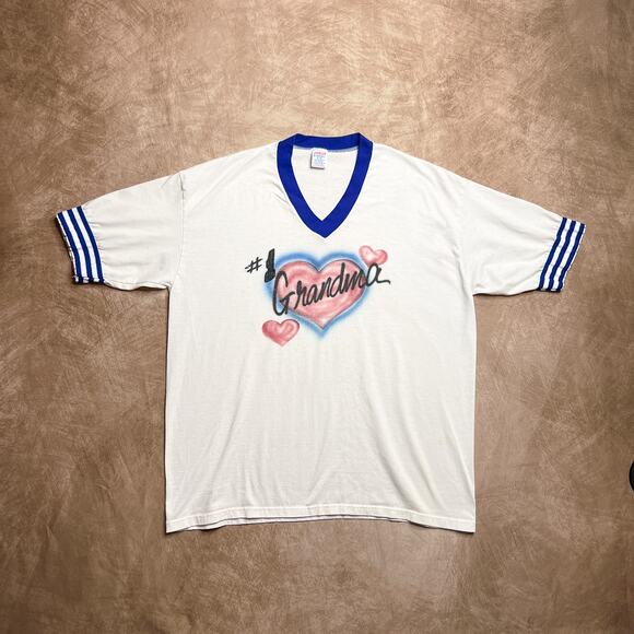 Vintage 80s Jerzees by Russell #1 Grandma Airbrushed Ringer T-Shirt White Heart - Picture 8 of 8